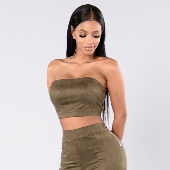 Fashion Nova Cheap Tricks Bandeau Tube Crop Top Olive Green Suede Size Medium - Picture 3 of 9